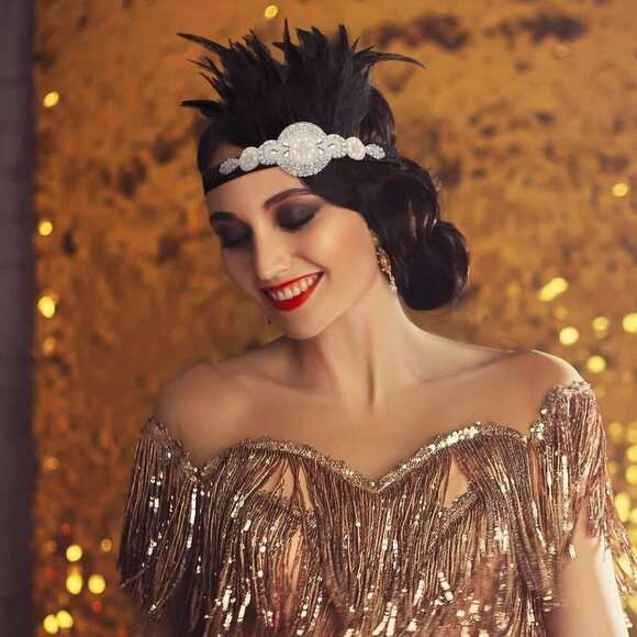 Vintage Flapper Headbands 4 Pcs Rhinestone Feather 1920s Accessories Women main image 7